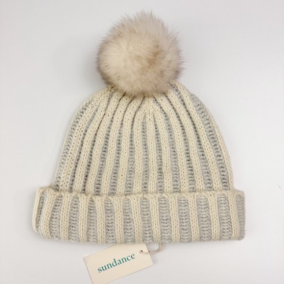Sundance Mathilda Beanie Faux Fur Pom-Pom Women\'s OS Ivory Grey Wool Blend Knit main image 4